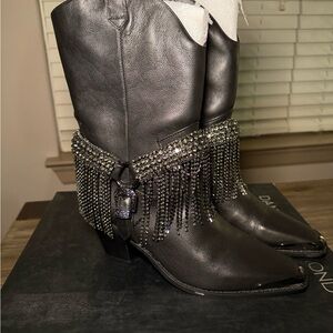 Black Crystal Fringe Western Heeled Boots